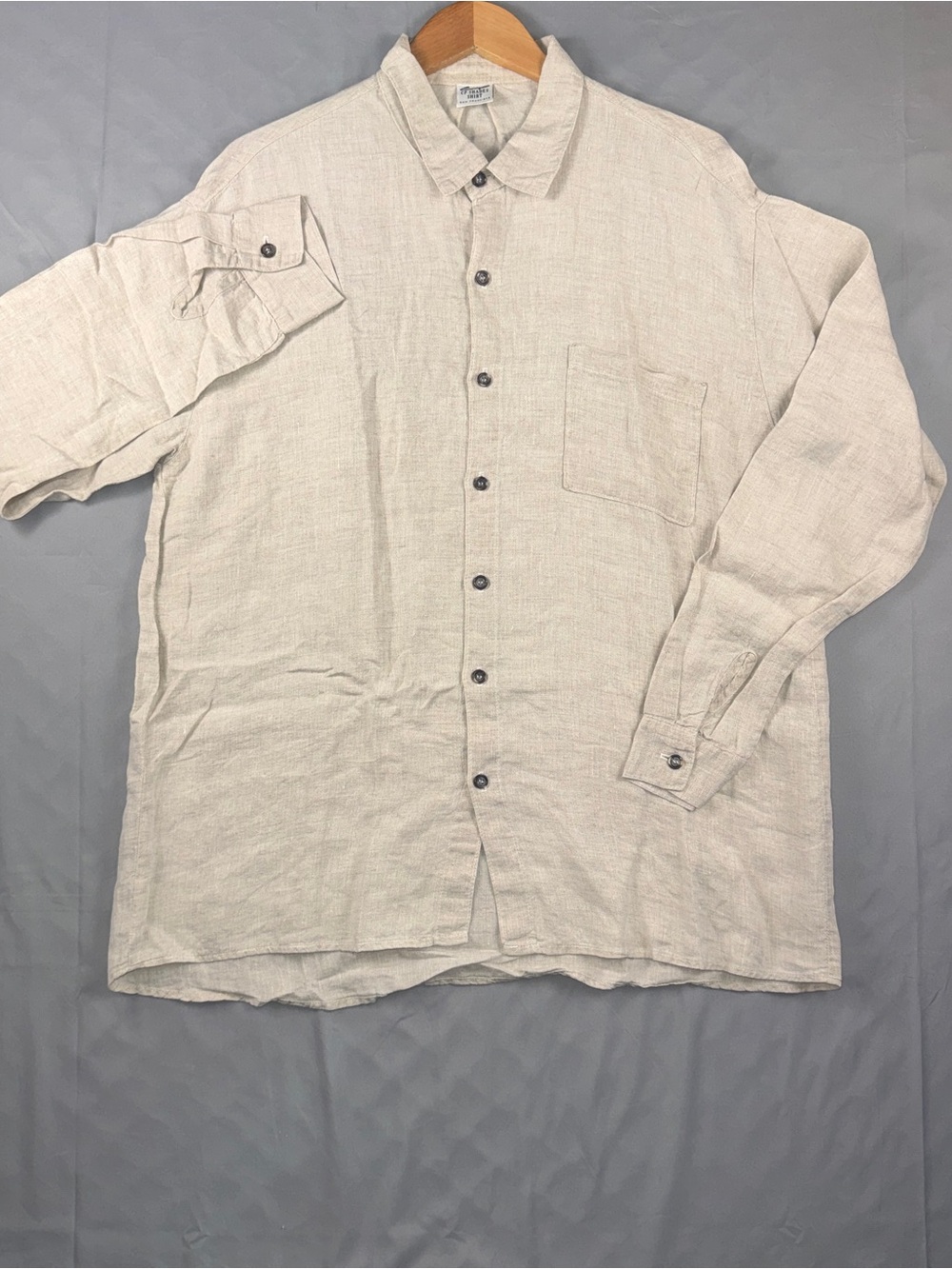 CP Shades Shirt Womens Large Beige Linen Button Up Tunic Roll Tab Sleeve